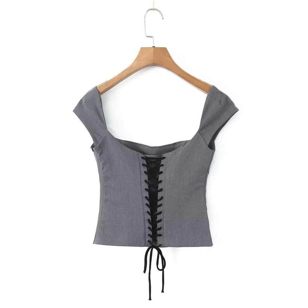 Gray Lace-up Vest Top Sheath Skirt Suit - Beuti-Ful