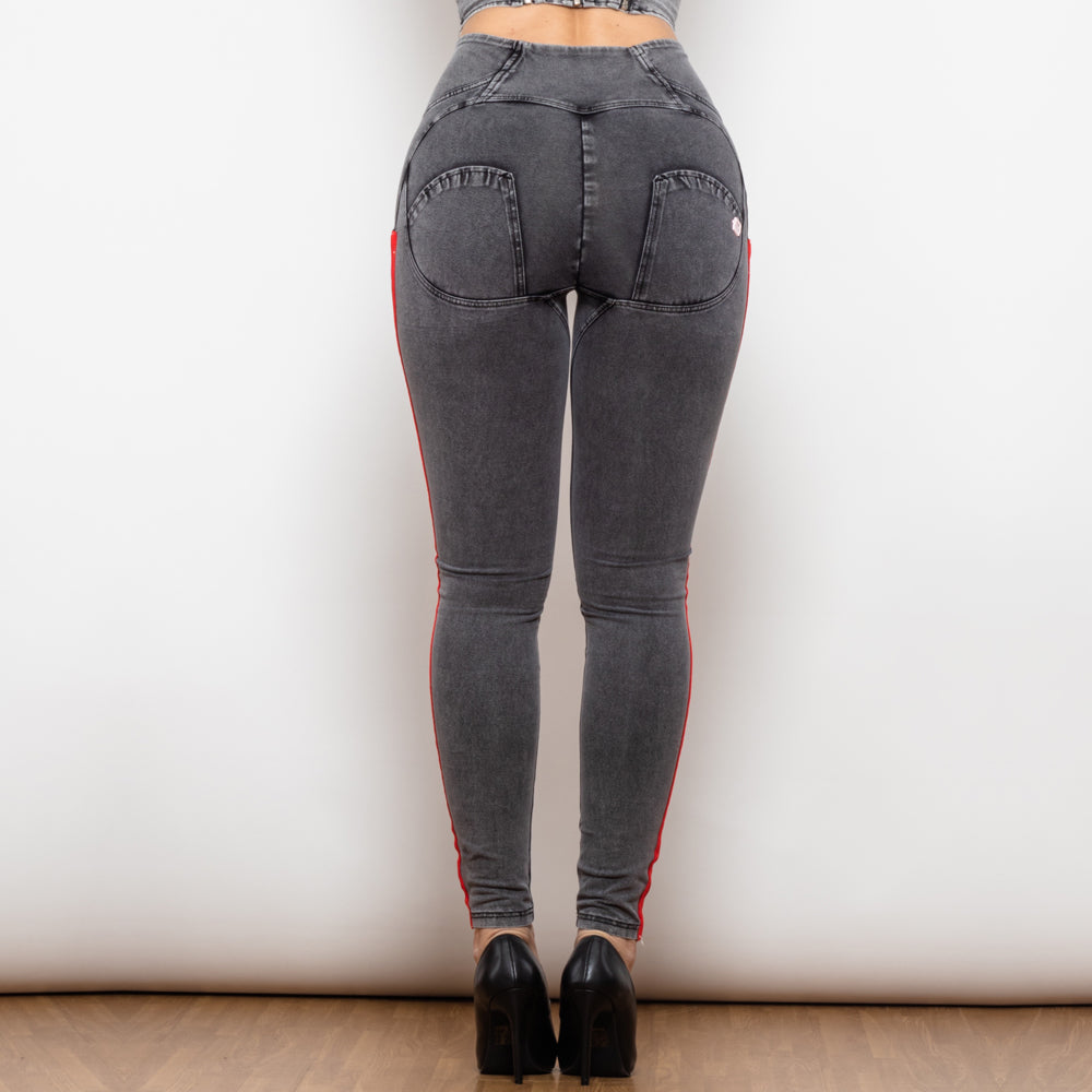 High Waist Dark  Grey Jeans With Stripe Jeans Bum Lift Pants Shaping Jeggings Women Pants