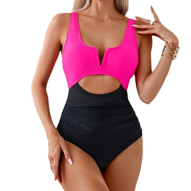 Women's Fashion One-piece Contrast Color Swimsuit