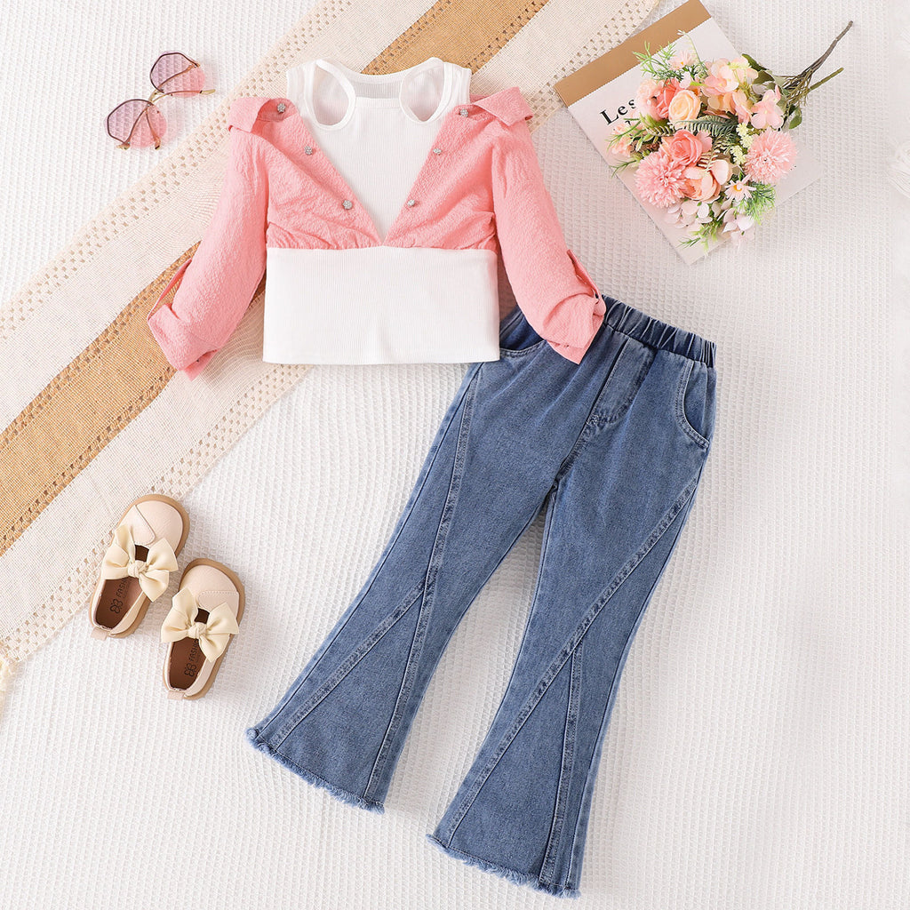 Fake Two-piece Off-shoulder Top With Flared Jeans