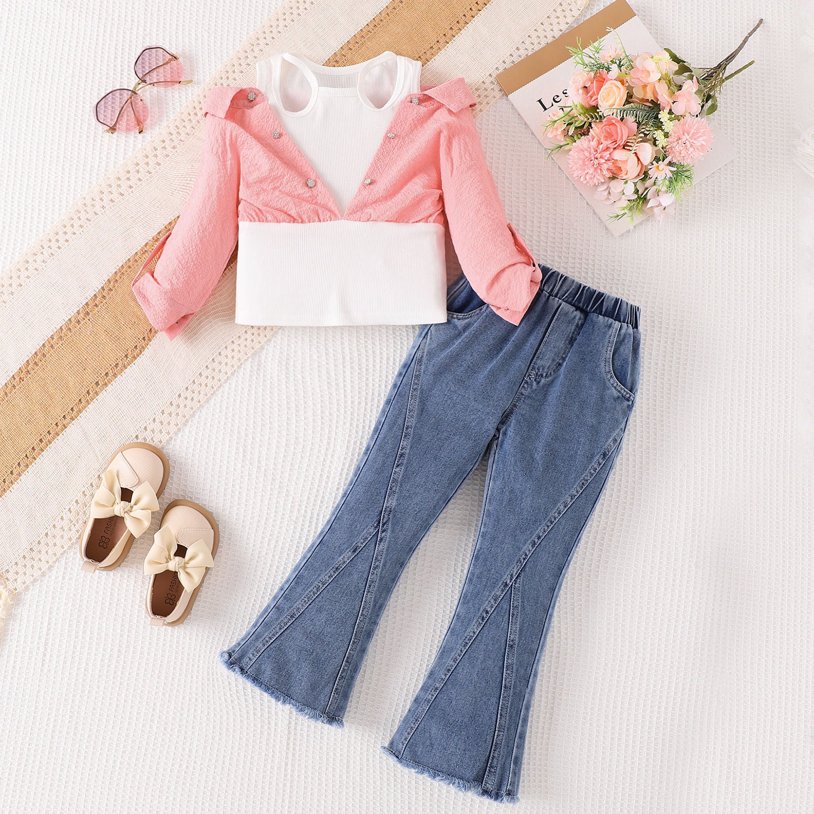 Fake Two-piece Off-shoulder Top With Flared Jeans