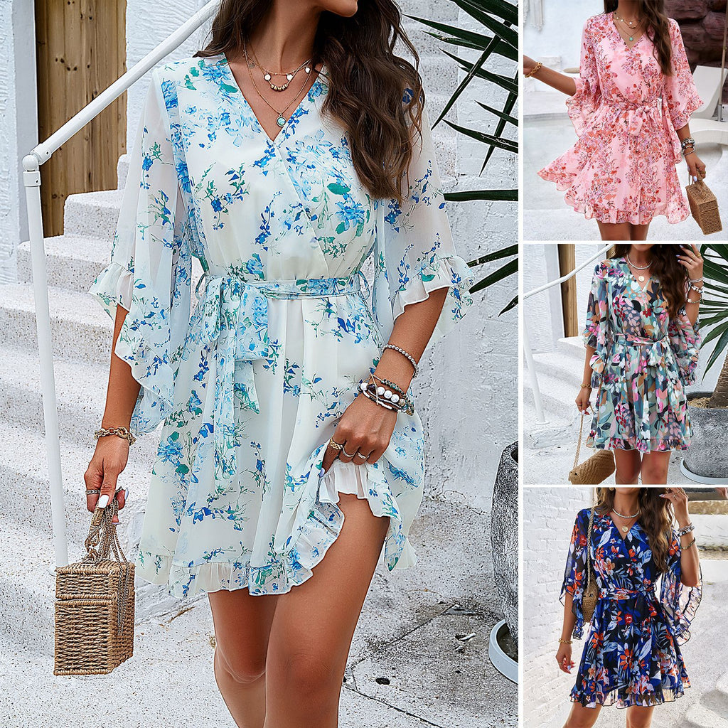 Summer Floral Print Short Sleeves Dress Lace Up Ruffles Design Fashion V-neck Short Dresses Womens Clothing - Beuti-Ful