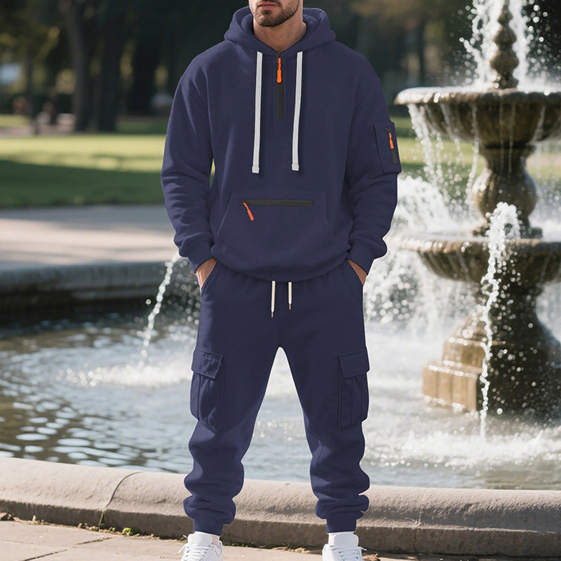 Men's Loose Sports Sweater suit Fleece-lined Hoodie Set Zipper Multi-Pocket Pullover Two-piece Set