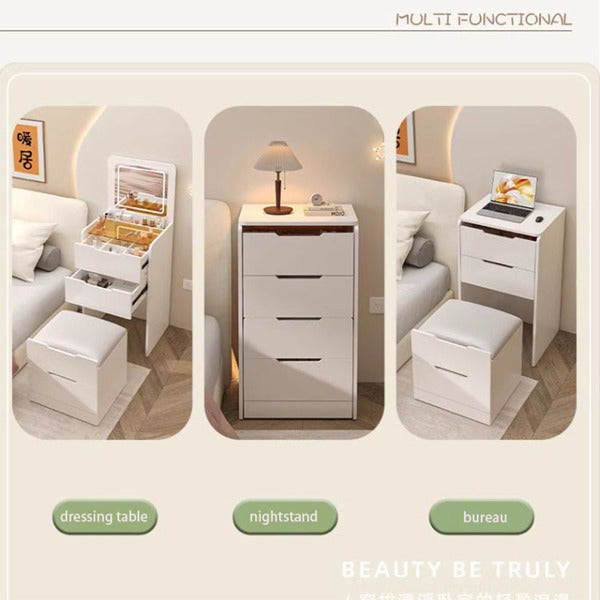 3 In 1 Dressing Table With Flip Mirror And Light, Small Makeup Vanity Set With Viewing Glass Tabletop, 3 Drawers, Storage Stool, 3 Color Lighted Mirror, Bedroom Dressing Table For Small Spaces - Beuti-Ful