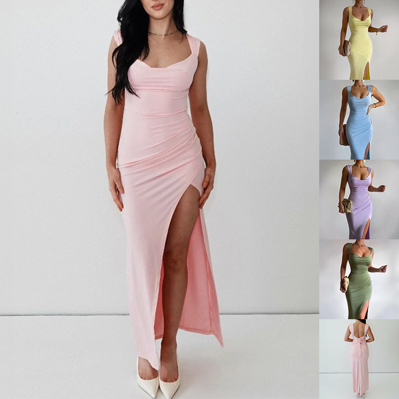 Women Slim Sleeveless Slit Dress With Back Tie Design Women Clothing