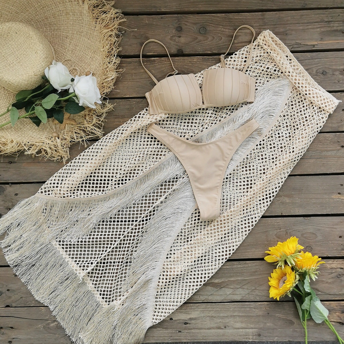 Women's Bikini Half-length Tulle Skirt Tassel Three-piece Suit