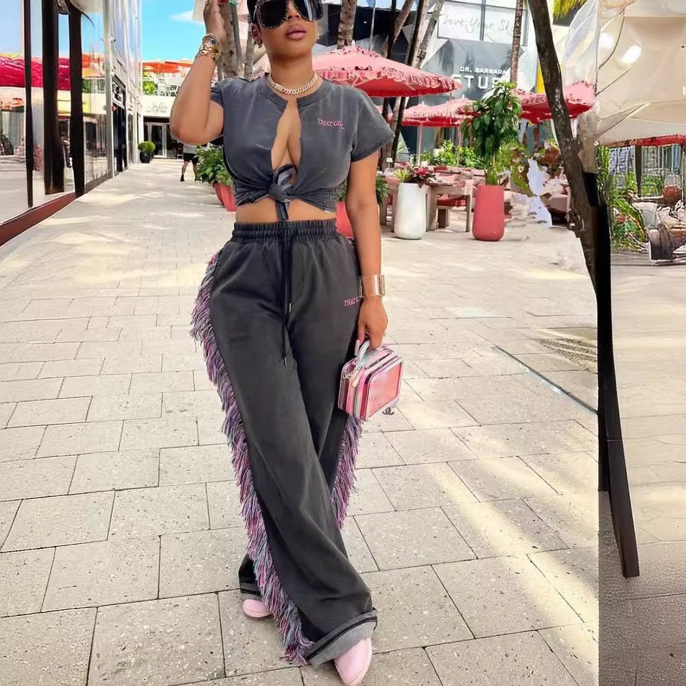 High Waist Multicolor Tassel Fashion Letters Printed Casual Jumpsuit - Beuti-Ful