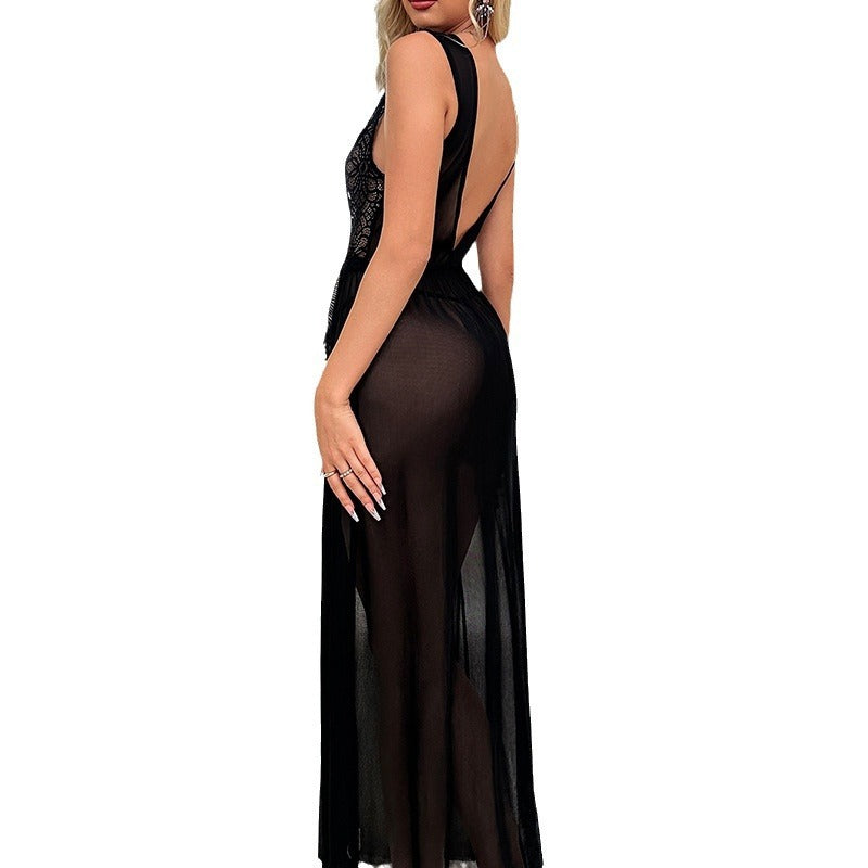 Women's Deep V Slit Lace Splicing Sling Long night gown Dress