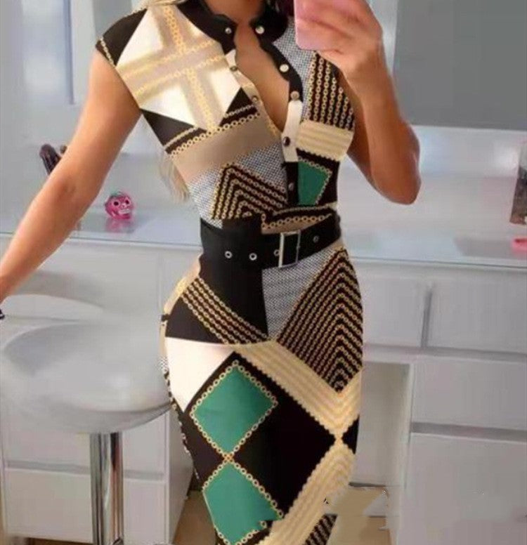 Fashion Button Women's Dress With Belt - Beuti-Ful