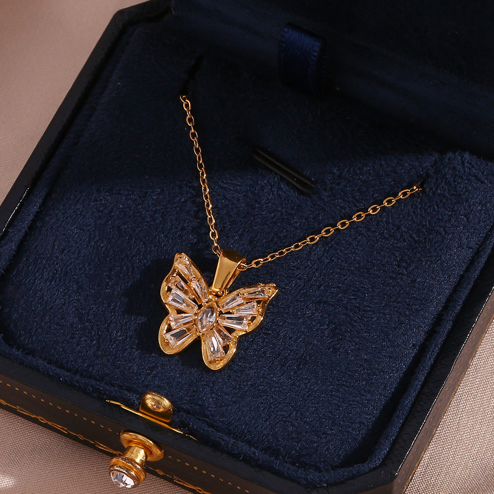 Stainless Steel Hollow Zircon Butterfly Pendant Necklace - Beuti-Ful