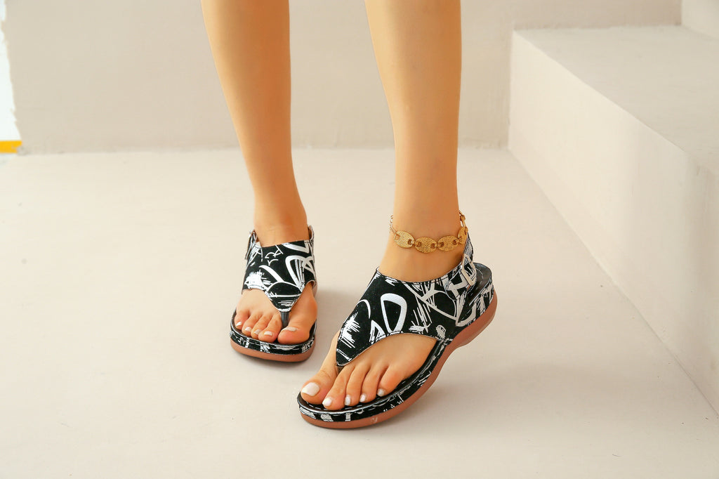 Herringbone Sandals Ethnic Style Embroidered Flower Back Buckle Wedge - Beuti-Ful