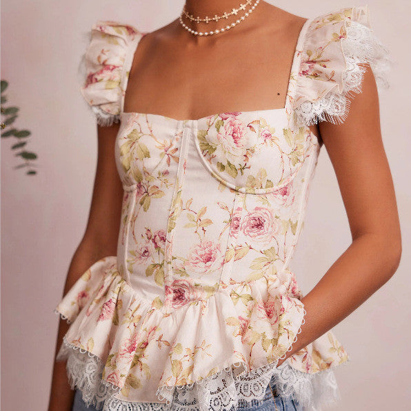 Summer Women's French Print Lace Lace Spaghetti-strap Top - Beuti-Ful