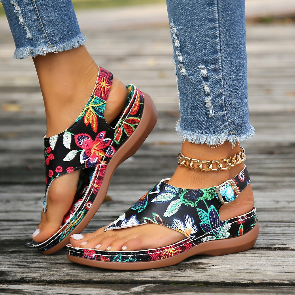 Herringbone Sandals Ethnic Style Embroidered Flower Back Buckle Wedge - Beuti-Ful