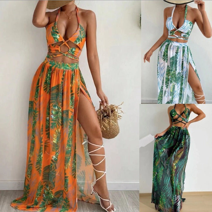 Blouse Gauze Skirt Three Piece Swimsuit Women's Printed - Beuti-Ful
