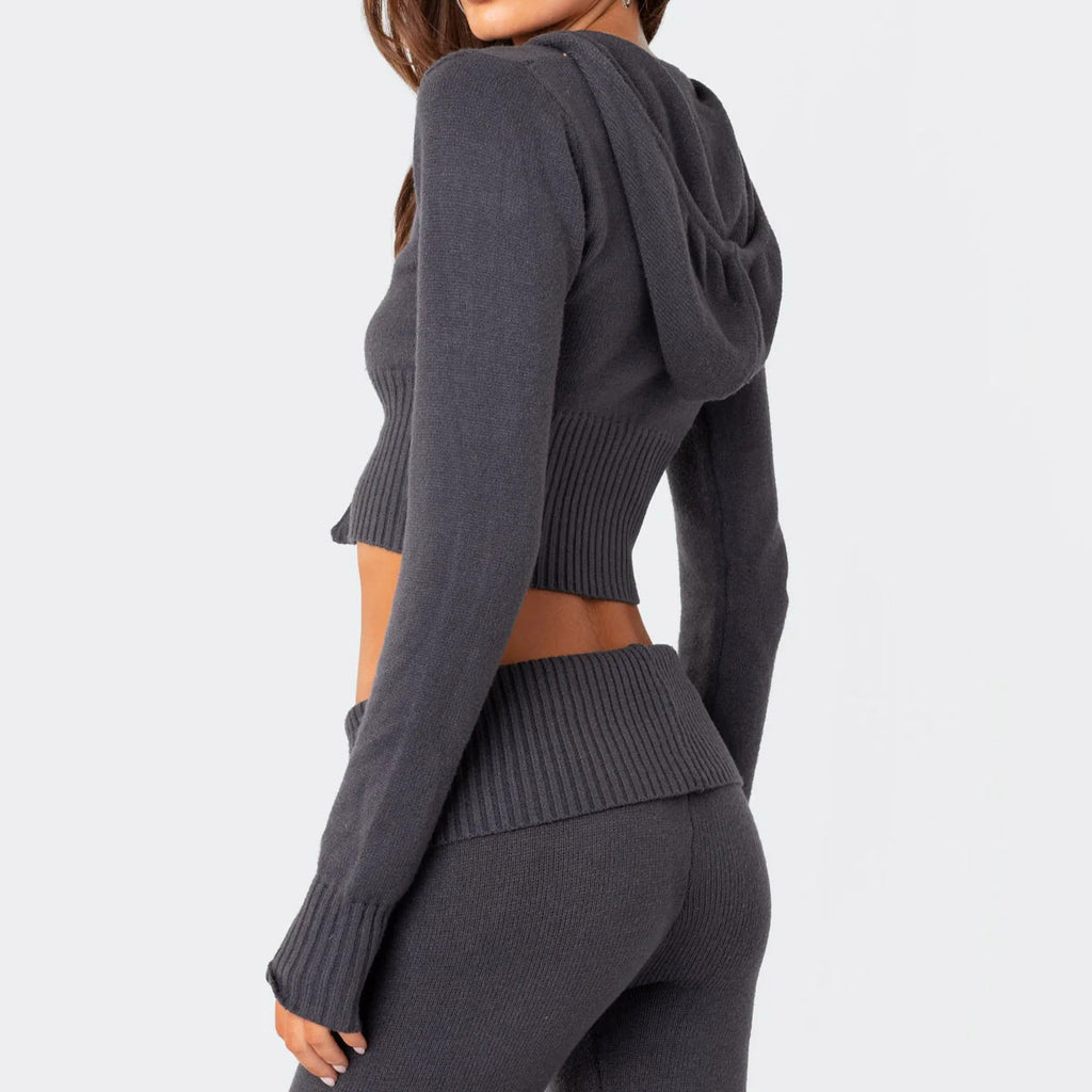 Knitted Hooded Suit Long Sleeve Zipper Cropped Top And Slim Flared Pants Trousers Solid Outfits