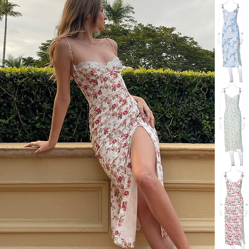 Lace Flowers Print Long Dress Sexy Fashion Slit Suspender Dress Summer Womens Clothing - Beuti-Ful