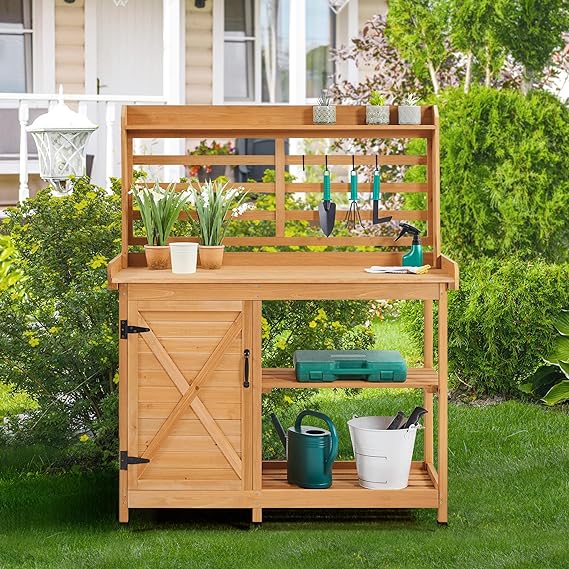 Aheetech Outdoor Potting Bench, Large Horticulture Work Table Workstation With Storage Cabinet - Beuti-Ful