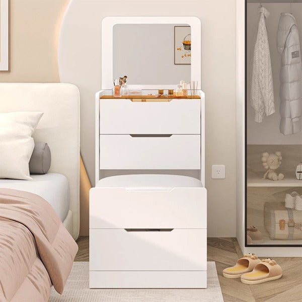 3 In 1 Dressing Table With Flip Mirror And Light, Small Makeup Vanity Set With Viewing Glass Tabletop, 3 Drawers, Storage Stool, 3 Color Lighted Mirror, Bedroom Dressing Table For Small Spaces - Beuti-Ful