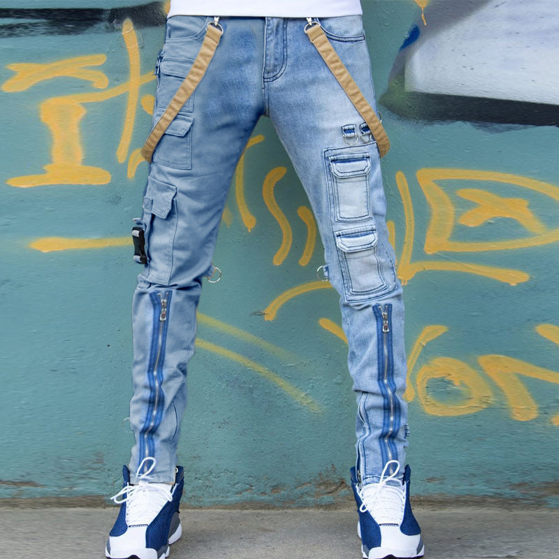 Color Block Wash Jeans Men's Trendy Brand Slim Straight-leg Pants - Beuti-Ful