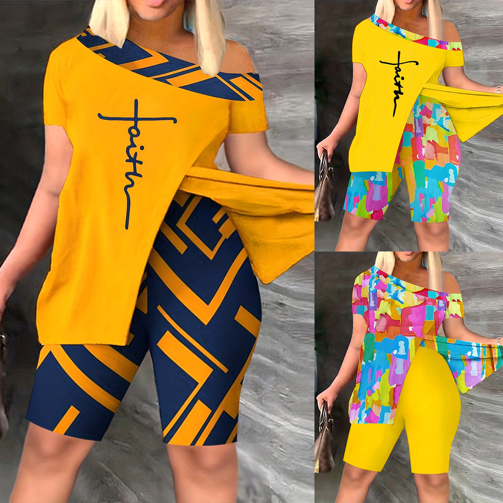 Sexy Off-the-shoulder Fashion Casual Printing Fifth Pants Suit - Beuti-Ful