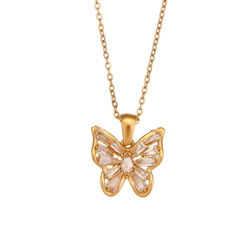 Stainless Steel Hollow Zircon Butterfly Pendant Necklace - Beuti-Ful