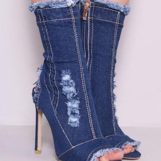 Fashion Runway Peep Toe Denim Ankle Boots - Beuti-Ful
