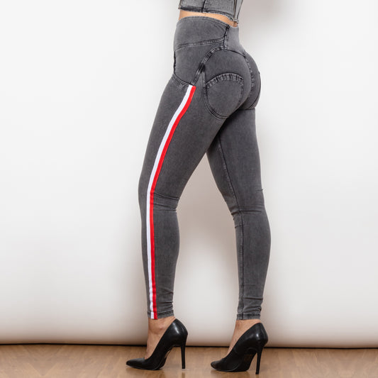 High Waist Dark  Grey Jeans With Stripe Jeans Bum Lift Pants Shaping Jeggings Women Pants