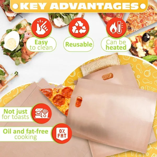 12Pcs Non Stick Toaster Bags Reusable 6.7 X7.5 Inch Grilled Cheese Bags Heat Resistant & Easy To Clean Mess Free