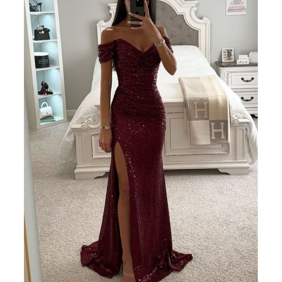 Sequins Off-neck Split Dress - Beuti-Ful