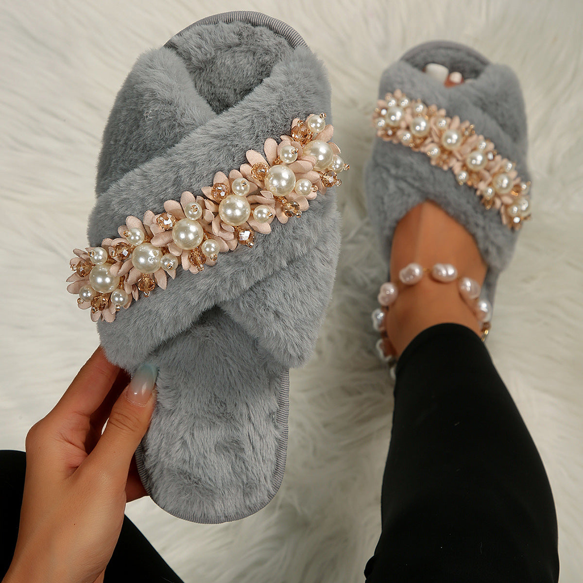 Cross Fur Slipper Pearl Advanced European And American Korean Style Home Plus Size Flowers