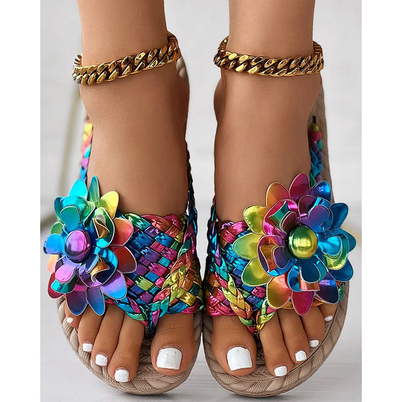Women's Fashion Casual Shoes Flat Holiday Woven Printed Beach Flip Flops - Beuti-Ful