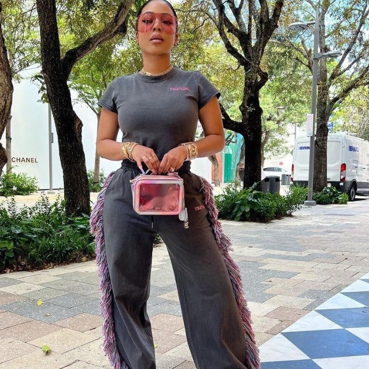 High Waist Multicolor Tassel Fashion Letters Printed Casual Jumpsuit - Beuti-Ful