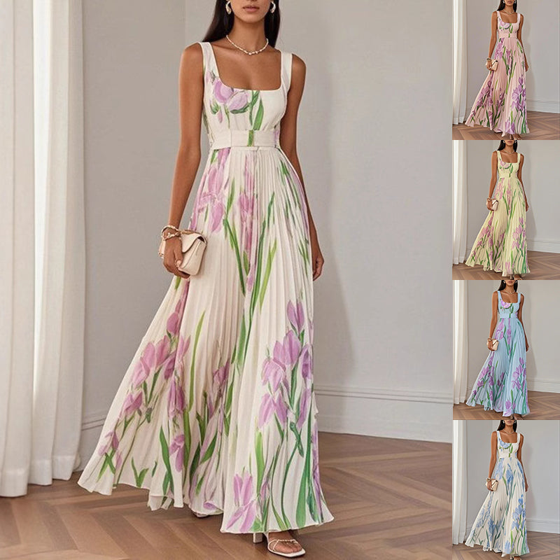 Floral Print Pleated Dress Summer A-Line Sleeveless Midi Dresses Women's Clothing - Beuti-Ful