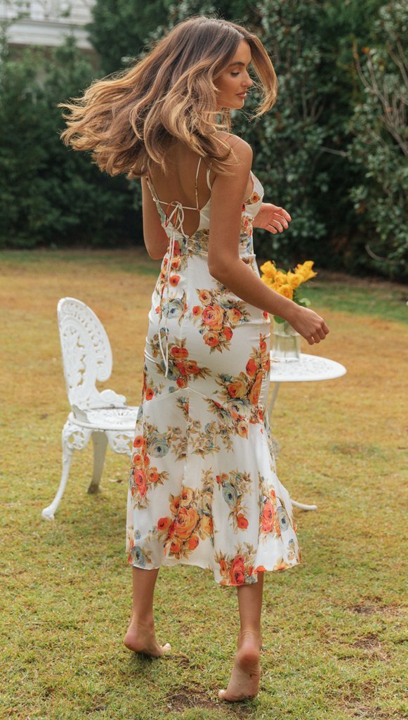 Printed Sling Back Tie Hem Slit Long Dress - Beuti-Ful