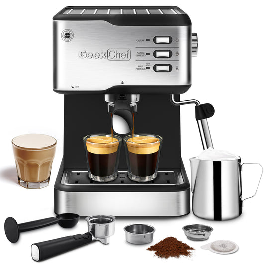 Geek Chef Espressomaschine, Espresso- und Cappuccino-Latte-Maker, 20-Bar-Kaffeemaschine, kompatibel mit ESE POD-Kapseln, Filter und Milchaufschäumer, Dampfstab, 950 W, 1,5-l-Wassertank 