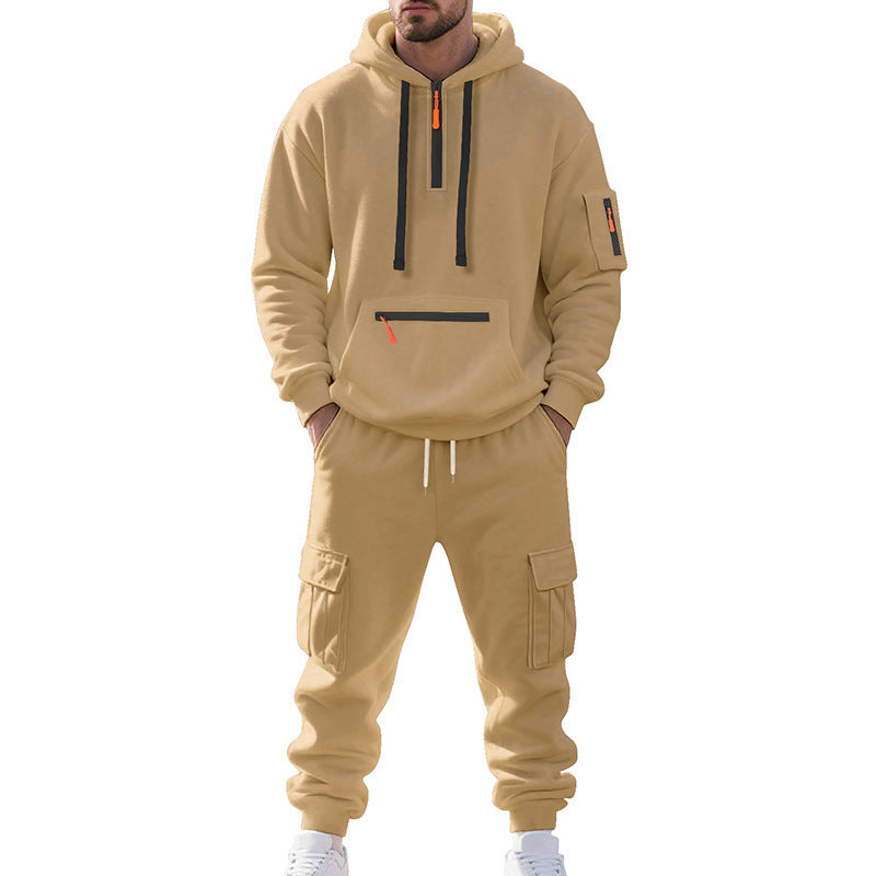 Men's Loose Sports Sweater suit Fleece-lined Hoodie Set Zipper Multi-Pocket Pullover Two-piece Set