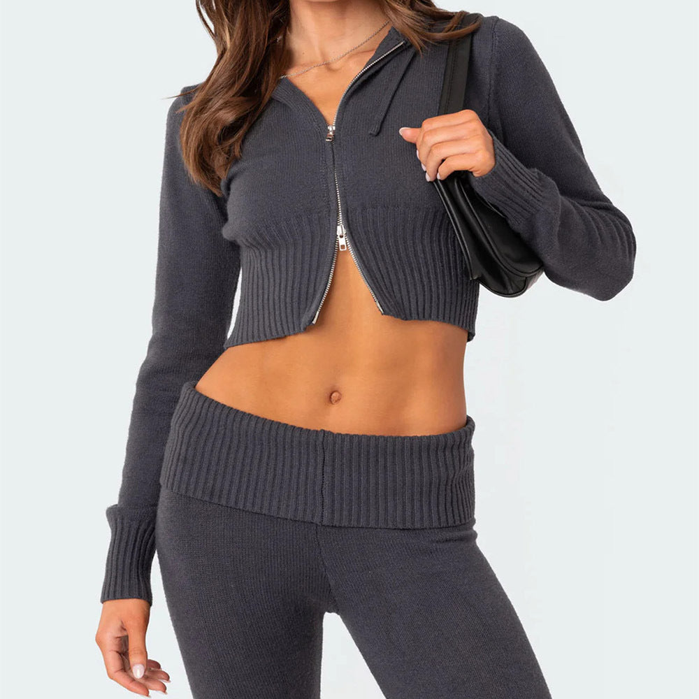 Knitted Hooded Suit Long Sleeve Zipper Cropped Top And Slim Flared Pants Trousers Solid Outfits