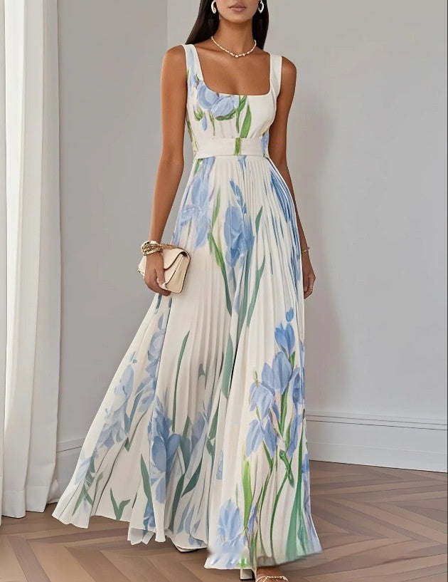 Floral Print Pleated Dress Summer A-Line Sleeveless Midi Dresses Women's Clothing - Beuti-Ful