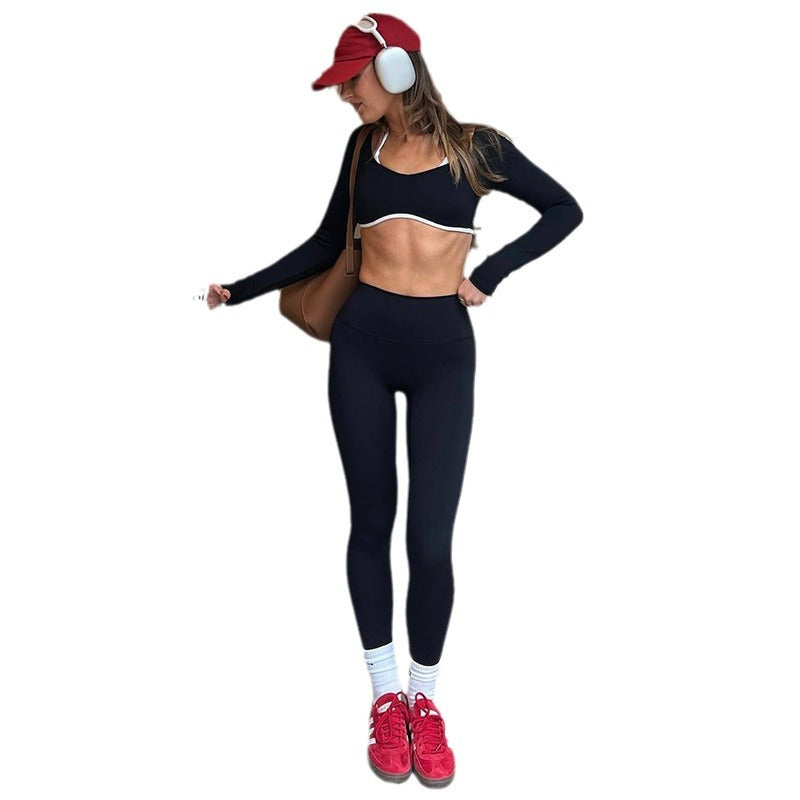 Figurbetonter Anzug Rundhalsausschnitt Langarm Kurzes Oberteil Hohe Taille Skinny Leggings Zweiteiliges Set