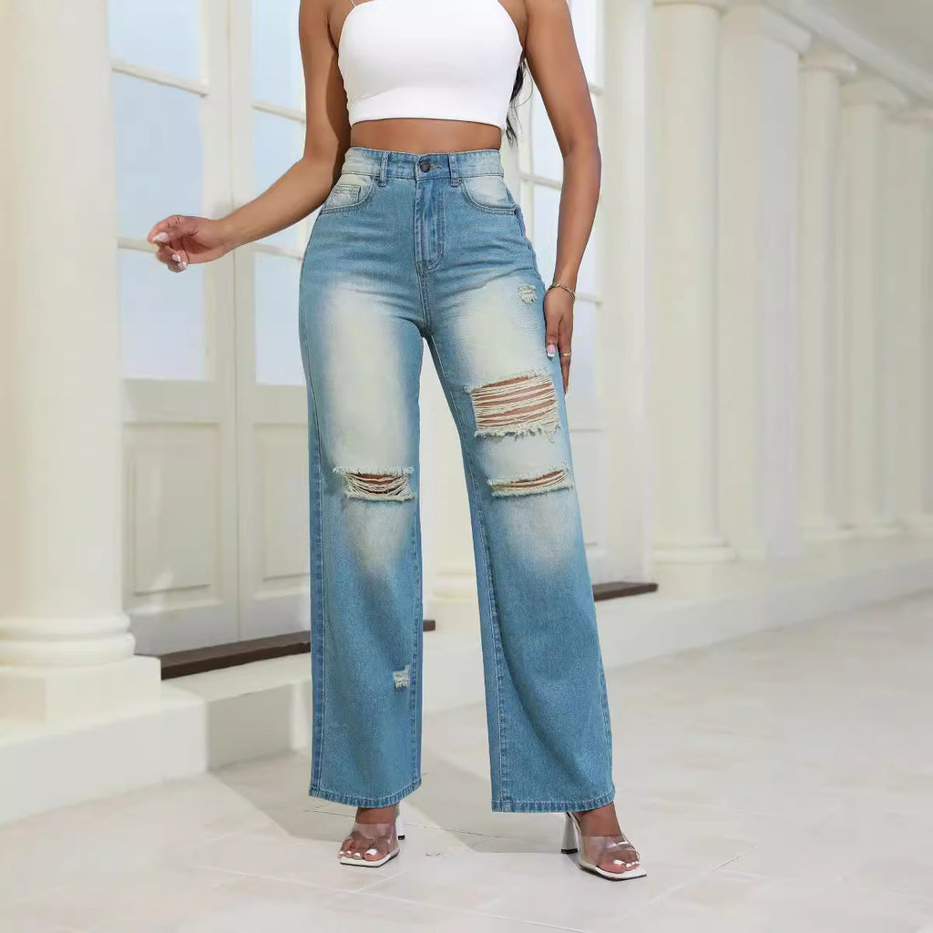 High Waist Ripped Jeans With Pockets Comfortable Slim Fit Trousers Straight Wide-leg Pants Womens Clothing - Beuti-Ful