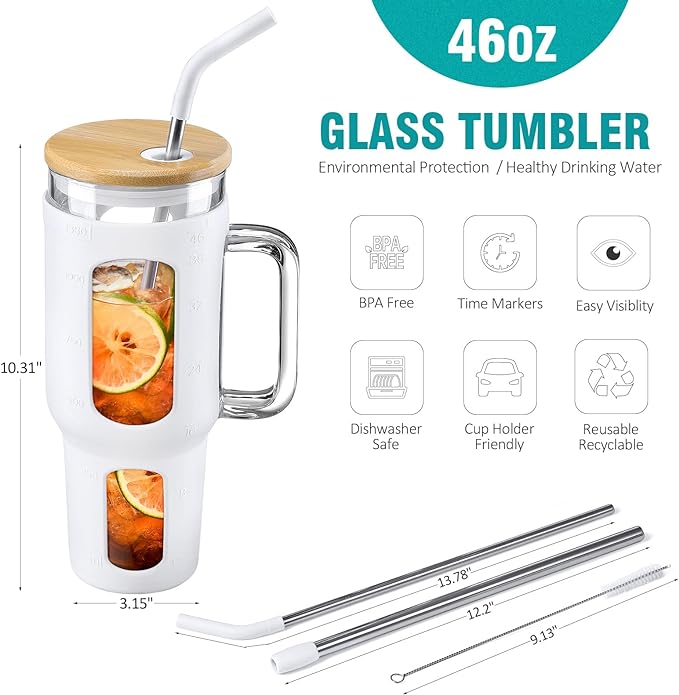 Glass Tumbler With Lid And Straw, 46 Oz Iced Coffee Cup With Handle, Glass Water Bottles - Beuti-Ful