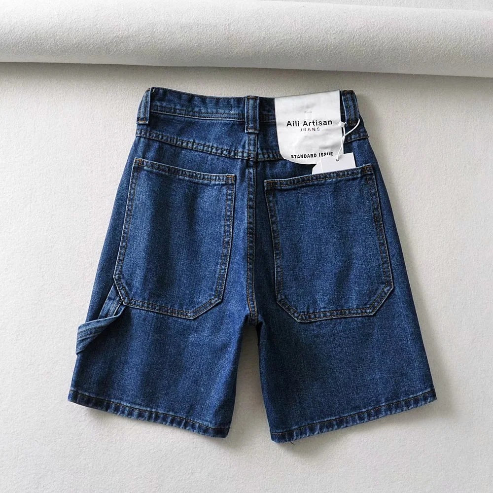 High Waist Making Legs Look Long Workwear With Pocket Denim Shorts - Beuti-Ful
