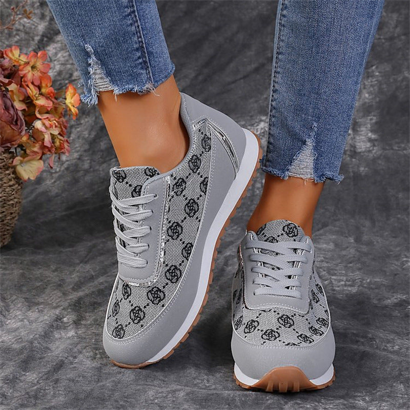 Flower Print Lace-up Sneakers Casual Fashion Lightweight Breathable Walking Running Sports Shoes Women Flats - Beuti-Ful
