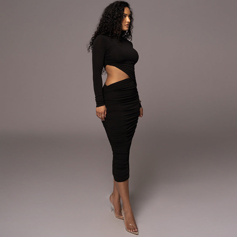 Women's Autumn Long Sleeve Sexy Cutout Pleated Tight Dress - Beuti-Ful