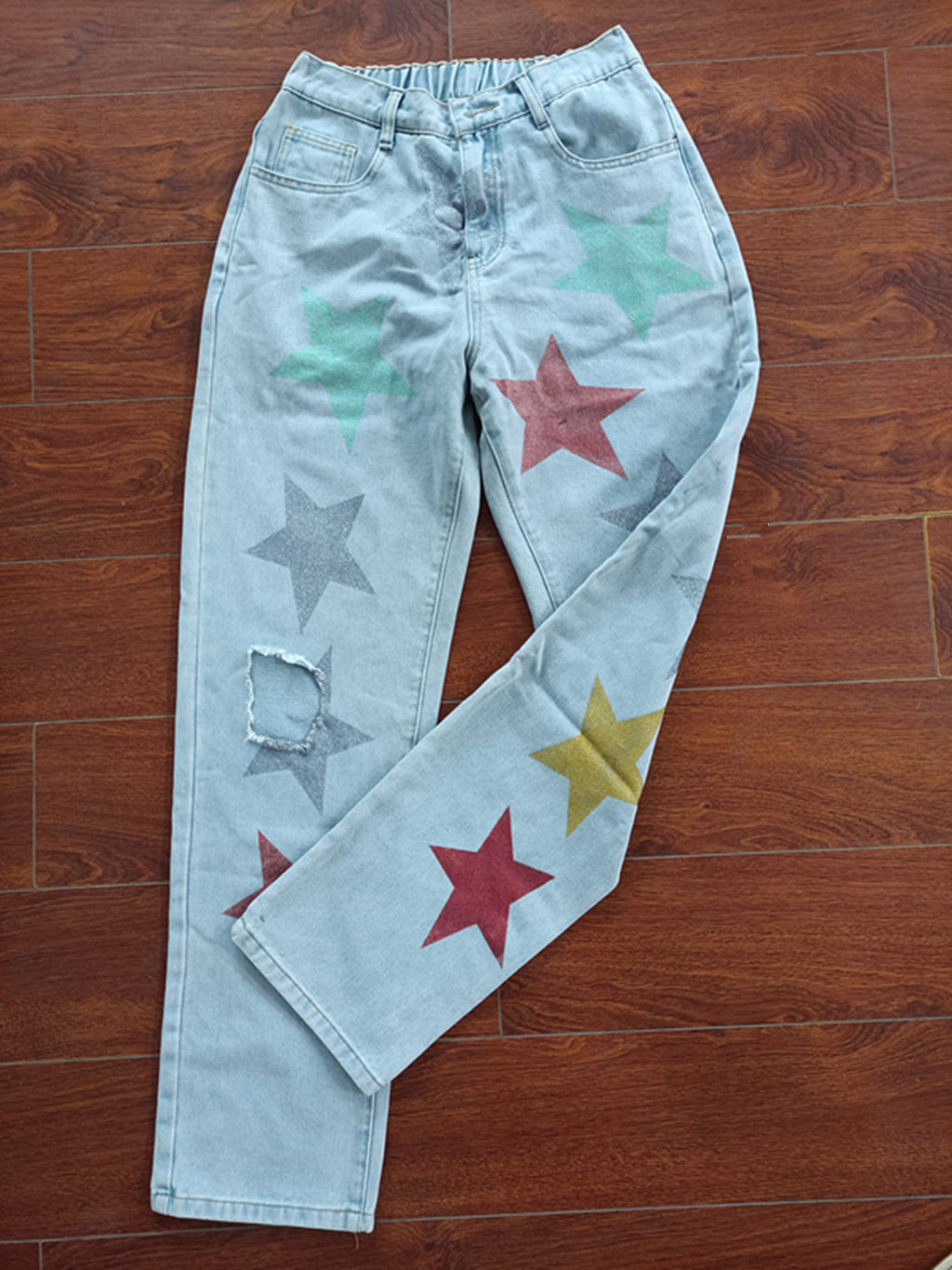 Denim Printed Ripped Five-pointed Star Jeans - Beuti-Ful
