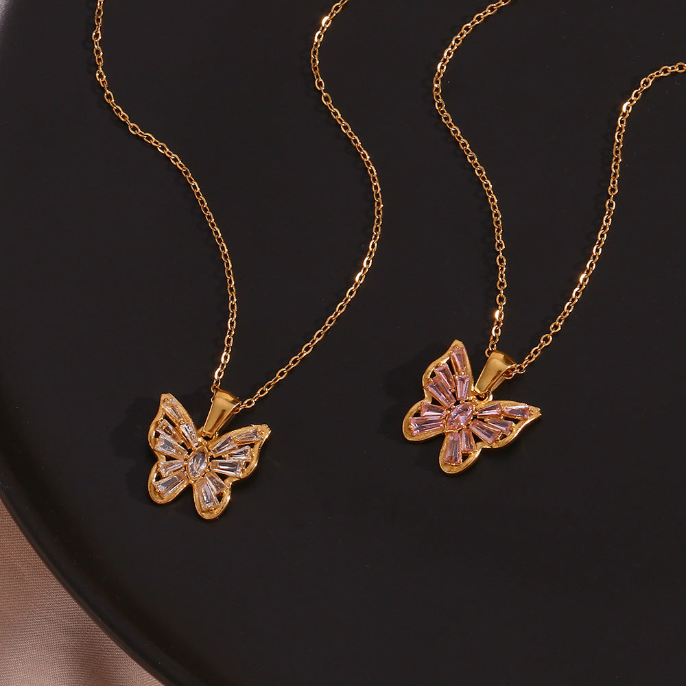 Stainless Steel Hollow Zircon Butterfly Pendant Necklace - Beuti-Ful