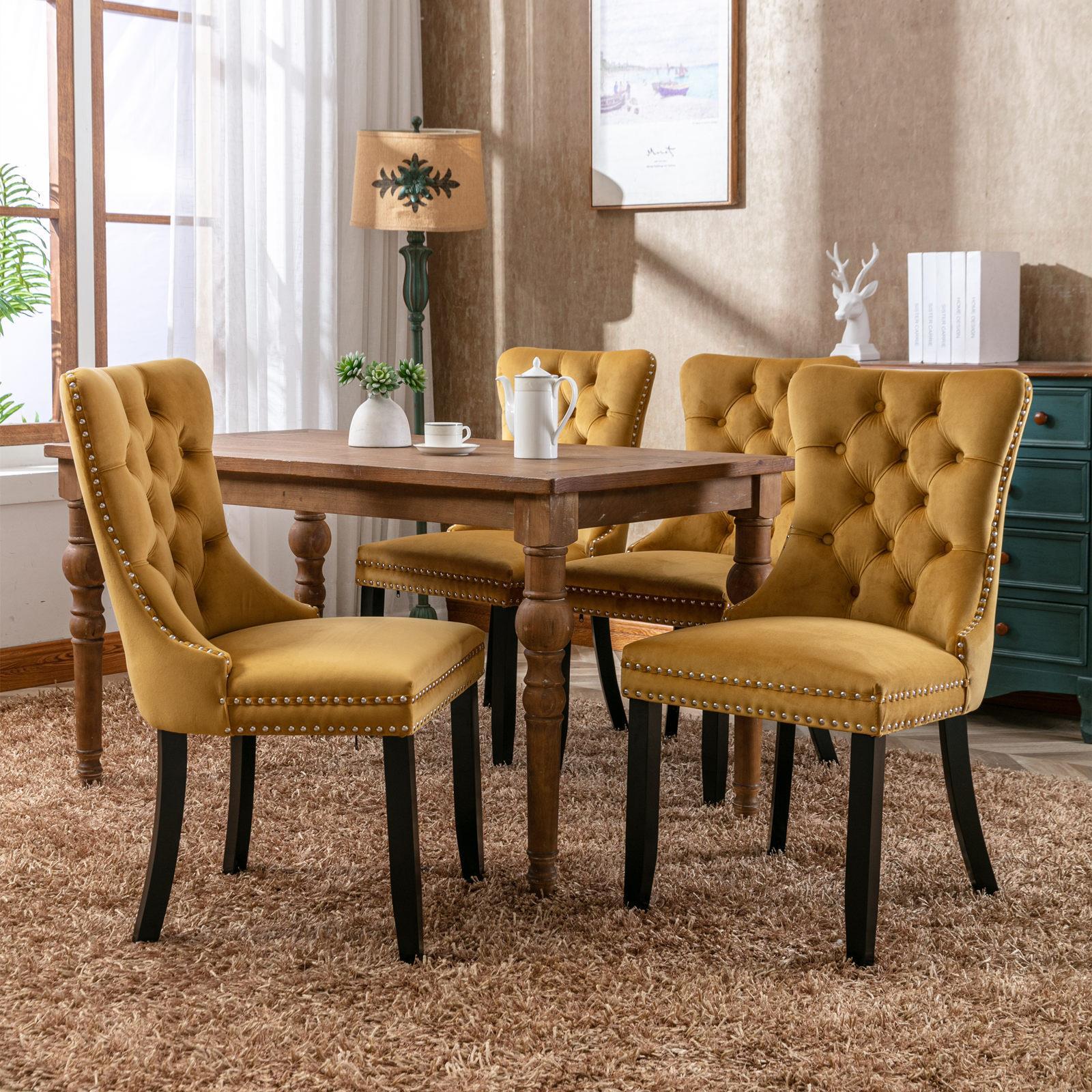 High-end Tufted Solid Wood Contemporary Velvet Upholstered Dining Chair With Wooden Legs And Spike Head Trim 2-piece Set, Gold - Beuti-Ful