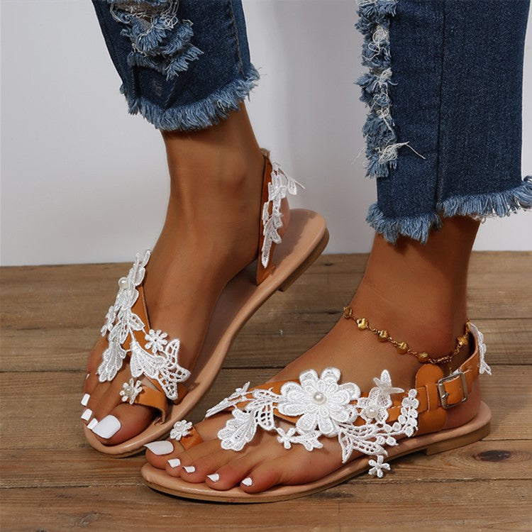 Lace Sandals Bohemia Beach Shoes Flowers Ankle Strap Flat Shoes Summer - Beuti-Ful