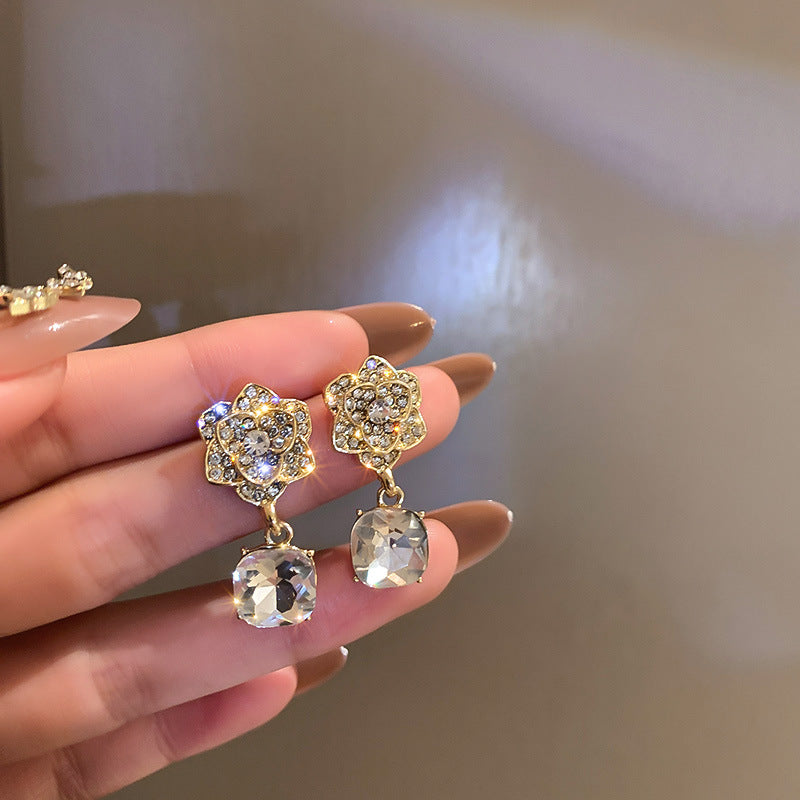 Silver Needle Diamond Flower Earrings Korean Camellia - Beuti-Ful