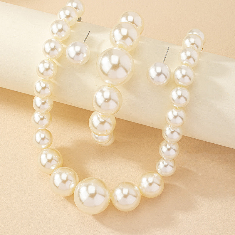 French Retro Fresh Water Pearl Earrings Bracelet And Necklace Set